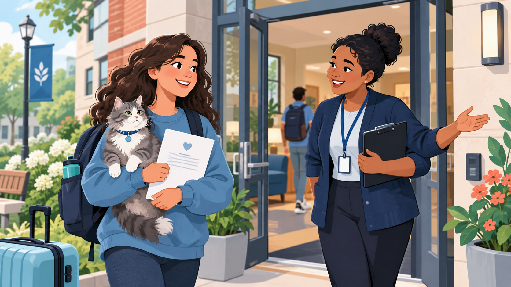 A college student arriving at campus housing with her support cat and accommodation letter