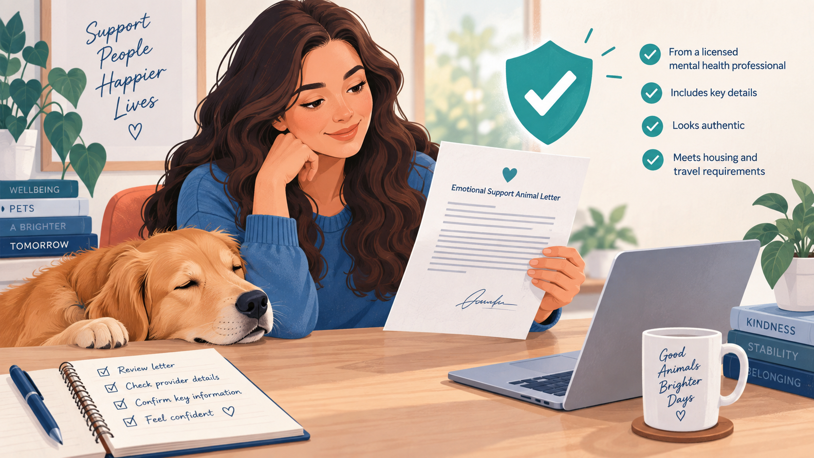 A pet owner reviewing a verified ESA letter with her dog