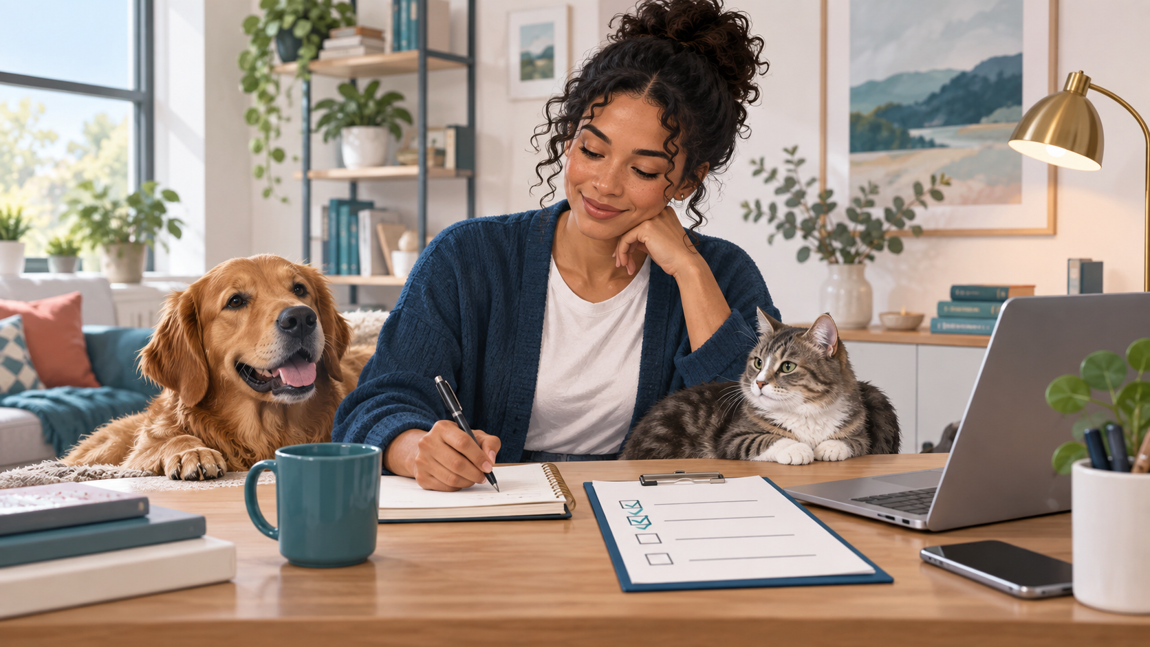 A pet owner reviewing emotional support animal requirements with a dog and cat nearby