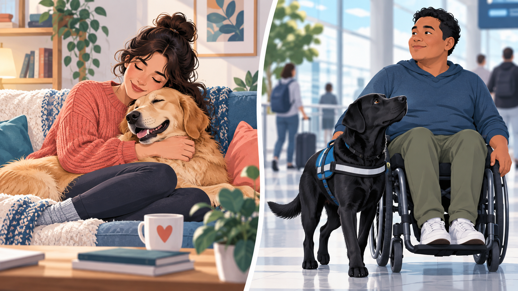 A comparison of an emotional support dog at home and a trained service dog assisting its handler