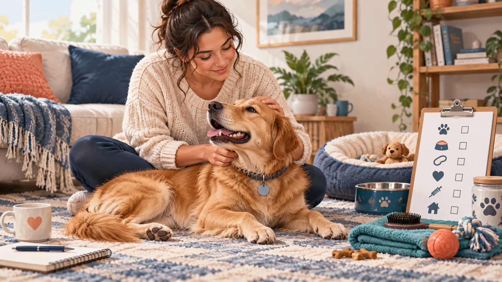 A first-time emotional support animal owner learning responsible care with her dog at home