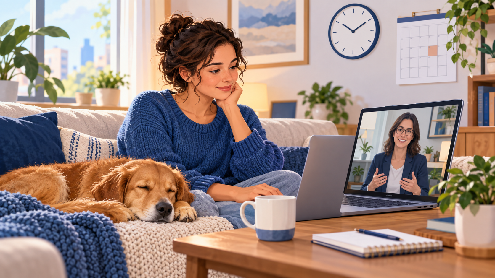 A renter completing a timely online ESA evaluation with a licensed professional while her dog rests beside her