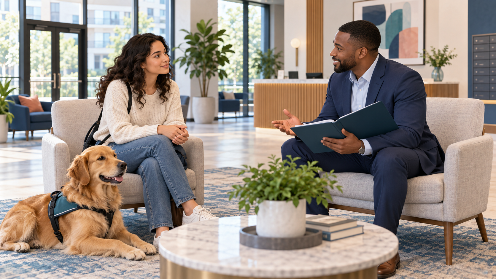 A renter and housing manager discussing an ESA accommodation request with a calm support dog nearby