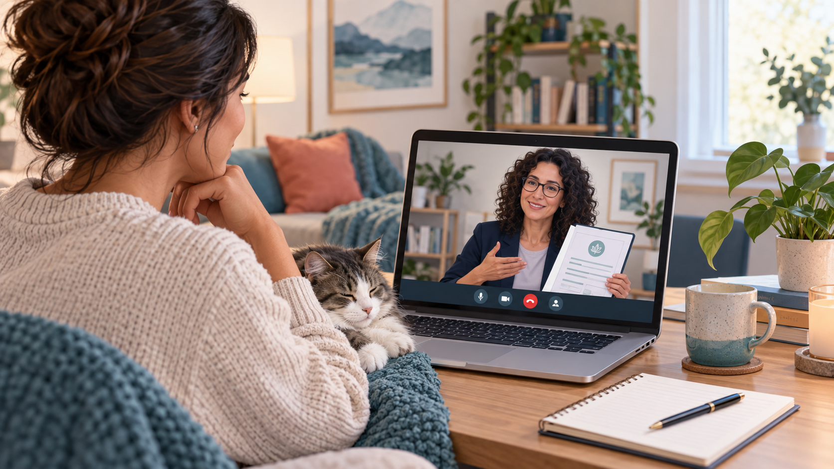 A pet owner discussing legitimate ESA documentation with a licensed clinician by telehealth