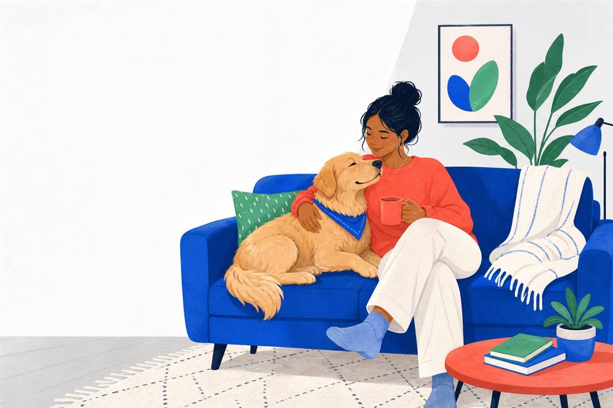 Woman relaxing at home with her emotional support dog