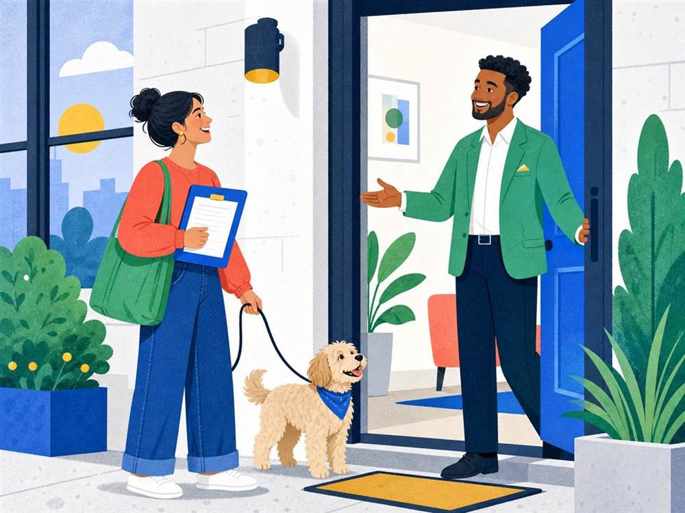 A pet owner and emotional support dog being welcomed into housing